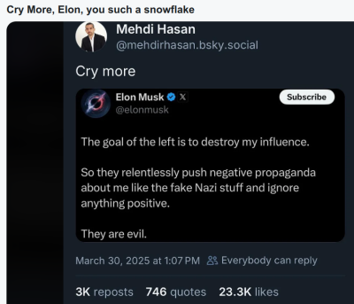 CRY MORE ELON 09875
Keywords: Big tech mobsters,Dark money payola, Rare Earth Mines, New America Foundation Corruption, Obama, Obama Campaign Finance, Obama FEC violations, Palo Alto Mafia, Paypal Mafia, Pelosi Corruption, Political bribes, Political Insider,  Eric Schmidt Sex Penthou