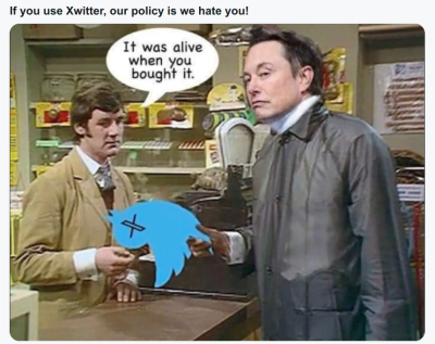 DEAD TWITTER KILLED BY MUSK
Keywords: Big tech mobsters,Dark money payola, Rare Earth Mines, New America Foundation Corruption, Obama, Obama Campaign Finance, Obama FEC violations, Palo Alto Mafia, Paypal Mafia, Pelosi Corruption, Political bribes, Political Insider,  Eric Schmidt Sex Penthou