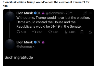 ELON MUSK ADMITS TO RIGGING ELECTION t56
Keywords: Big tech mobsters,Dark money payola, Rare Earth Mines, New America Foundation Corruption, Obama, Obama Campaign Finance, Obama FEC violations, Palo Alto Mafia, Paypal Mafia, Pelosi Corruption, Political bribes, Political Insider,  Eric Schmidt Sex Penthou
