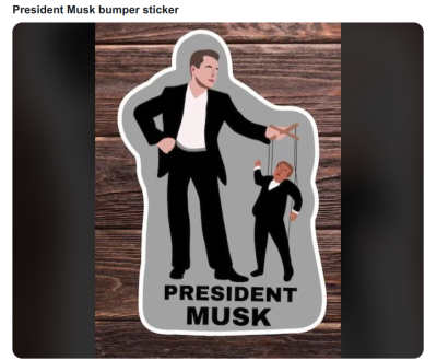 ELON MUSK BUMPER STICKER 432
Keywords: Big tech mobsters,Dark money payola, Rare Earth Mines, New America Foundation Corruption, Obama, Obama Campaign Finance, Obama FEC violations, Palo Alto Mafia, Paypal Mafia, Pelosi Corruption, Political bribes, Political Insider,  Eric Schmidt Sex Penthou