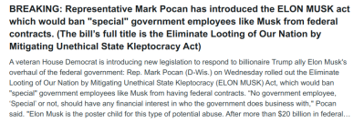 THE ELON MUSK FEDERAL ACT
Keywords: Big tech mobsters,Dark money payola, Rare Earth Mines, New America Foundation Corruption, Obama, Obama Campaign Finance, Obama FEC violations, Palo Alto Mafia, Paypal Mafia, Pelosi Corruption, Political bribes, Political Insider,  Eric Schmidt Sex Penthou