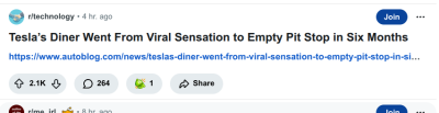 Tesla Diner Is Total Failure
Keywords: Big tech mobsters,Dark money payola, Rare Earth Mines, New America Foundation Corruption, Obama, Obama Campaign Finance, Obama FEC violations, Palo Alto Mafia, Paypal Mafia, Pelosi Corruption, Political bribes, Political Insider,  Eric Schmidt Sex Penthou