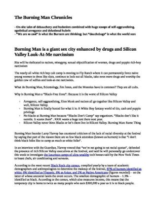 Burning-Man-Chronicles-pdf
Keywords: Big tech mobsters,Dark money payola, Rare Earth Mines, New America Foundation Corruption, Obama, Obama Campaign Finance, Obama FEC violations, Palo Alto Mafia, Paypal Mafia, Pelosi Corruption, Political bribes, Political Insider,  Eric Schmidt Sex Penthou