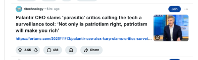 PALANTIR IS A DOMESTIC SPY COMPANY
Keywords: Big tech mobsters,Dark money payola, Rare Earth Mines, New America Foundation Corruption, Obama, Obama Campaign Finance, Obama FEC violations, Palo Alto Mafia, Paypal Mafia, Pelosi Corruption, Political bribes, Political Insider,  Eric Schmidt Sex Penthou