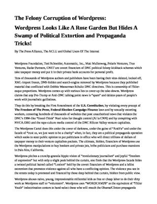 FELONY-AND-CORRUPTION-CHARGES-AGAINST-WORDPRESS-pdf
Keywords: UraniumOne, Venture Capital Collusion, Vinod Khosla, Goldman Sachs Stock Market Rigging, Gay Silicon Valley, Google bribes regulators, Silicon Valley No Poaching Lawsuit, The AngelGate Scandal, stock market rigging, google election rigging, frank guistra,