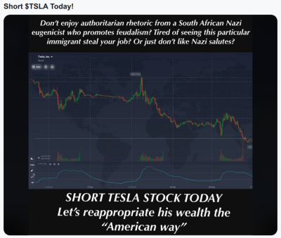 SHORT TESLA NOW
Keywords: UraniumOne, Venture Capital Collusion, Vinod Khosla, Goldman Sachs Stock Market Rigging, Gay Silicon Valley, Google bribes regulators, Silicon Valley No Poaching Lawsuit, The AngelGate Scandal, stock market rigging, google election rigging, frank guistra,