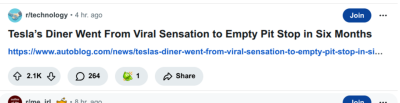 Tesla Diner Is Total Failure
Keywords: UraniumOne, Venture Capital Collusion, Vinod Khosla, Goldman Sachs Stock Market Rigging, Gay Silicon Valley, Google bribes regulators, Silicon Valley No Poaching Lawsuit, The AngelGate Scandal, stock market rigging, google election rigging, frank guistra,