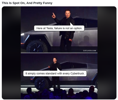 cyber-truck-suck
Keywords: Big tech mobsters,Dark money payola, Rare Earth Mines, New America Foundation Corruption, Obama, Obama Campaign Finance, Obama FEC violations, Palo Alto Mafia, Paypal Mafia, Pelosi Corruption, Political bribes, Political Insider,  Eric Schmidt Sex Penthou