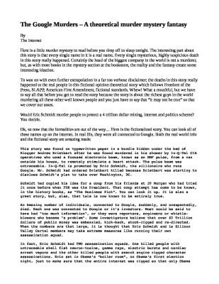 The-Google-Murders-A-theoretical-Musing-pdf
Keywords: Big tech mobsters,Dark money payola, Rare Earth Mines, New America Foundation Corruption, Obama, Obama Campaign Finance, Obama FEC violations, Palo Alto Mafia, Paypal Mafia, Pelosi Corruption, Political bribes, Political Insider,  Eric Schmidt Sex Penthou