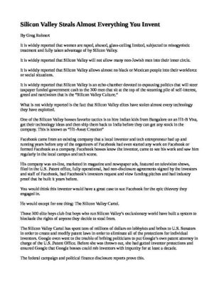 Silicon-Valley-Steals-Almost-Everything-You-Invent-pdf
Keywords: Big tech mobsters,Dark money payola, Rare Earth Mines, New America Foundation Corruption, Obama, Obama Campaign Finance, Obama FEC violations, Palo Alto Mafia, Paypal Mafia, Pelosi Corruption, Political bribes, Political Insider,  Eric Schmidt Sex Penthou